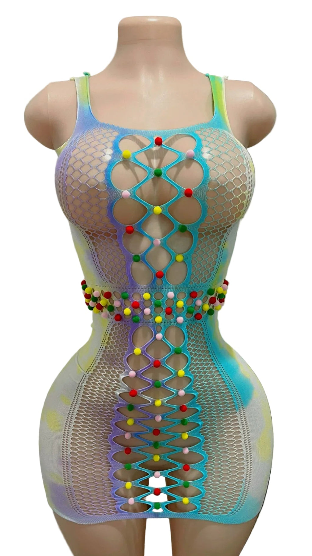 Tie-dye pom-pom fishnet mini dress front view with lace-up cutout panel