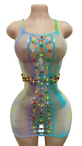 Tie-dye pom-pom fishnet mini dress front view with lace-up cutout panel