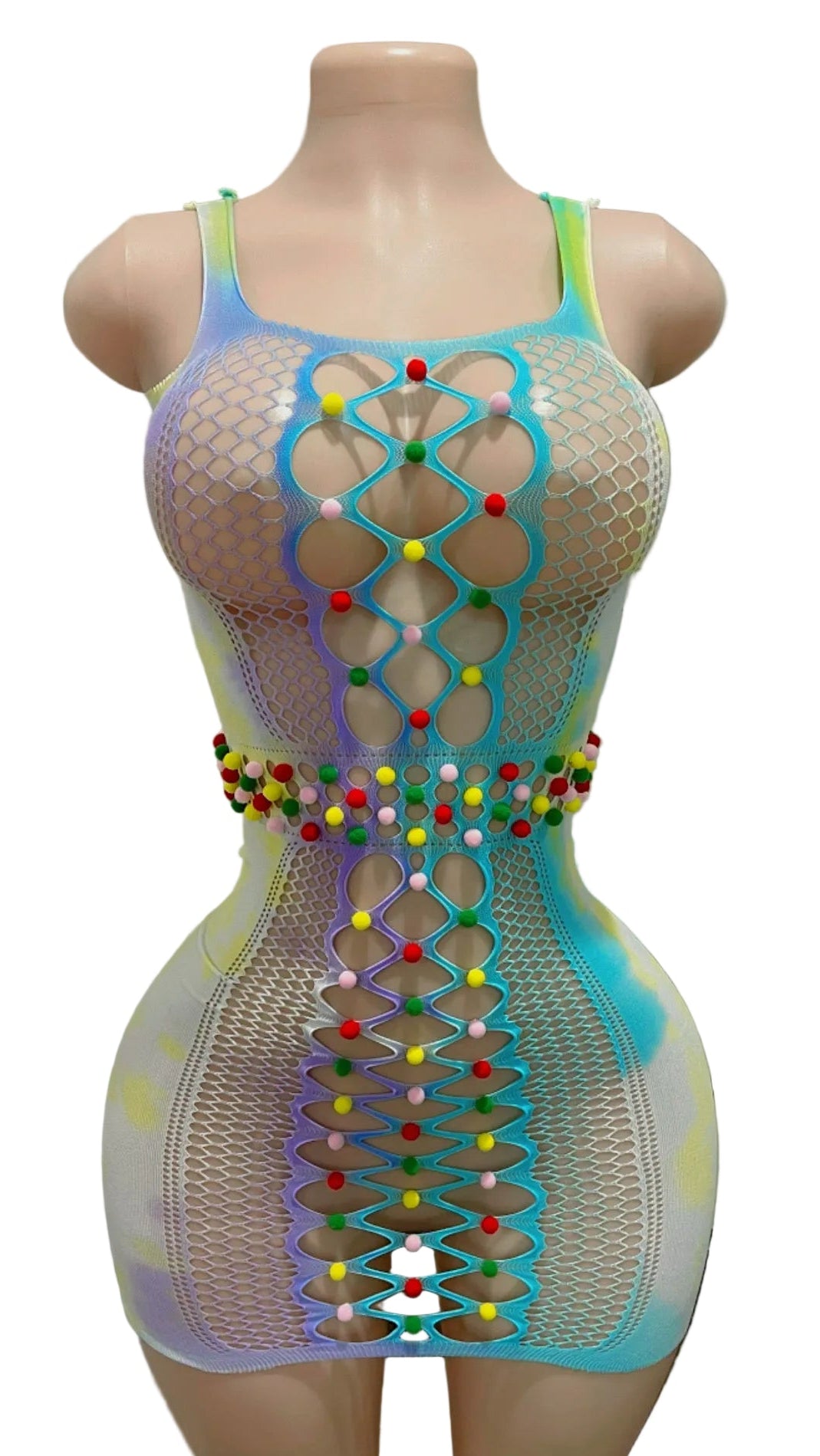 Tie-dye pom-pom fishnet mini dress front view with lace-up cutout panel