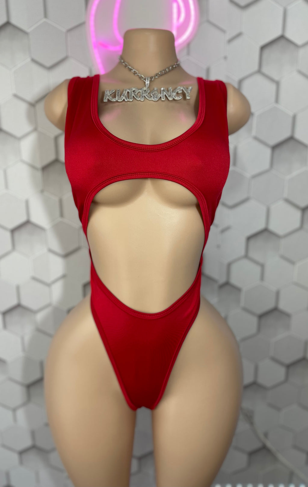 Red open-midriff thong bodysuit front view showing under-bust cutout