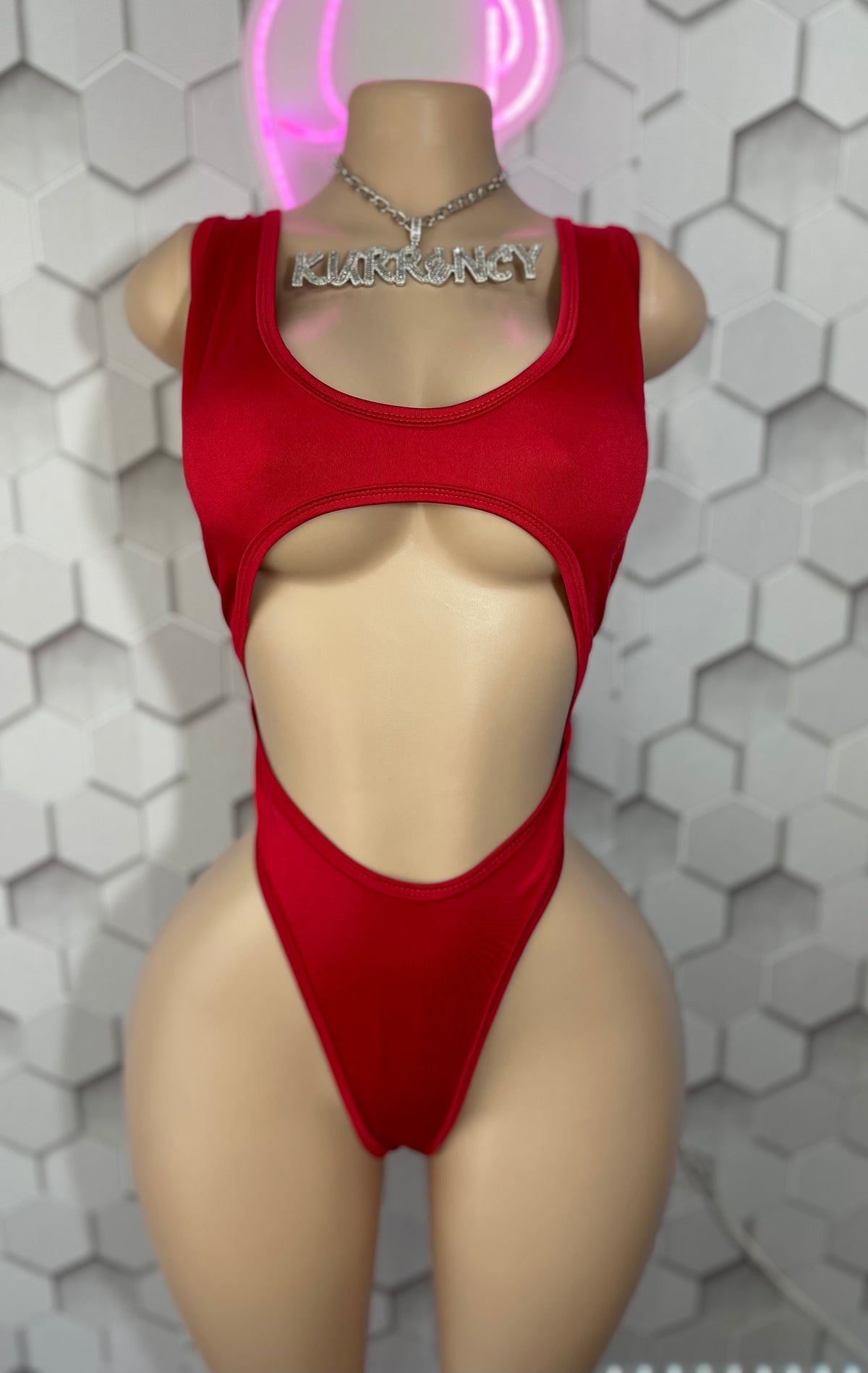 Red open-midriff thong bodysuit front view showing under-bust cutout