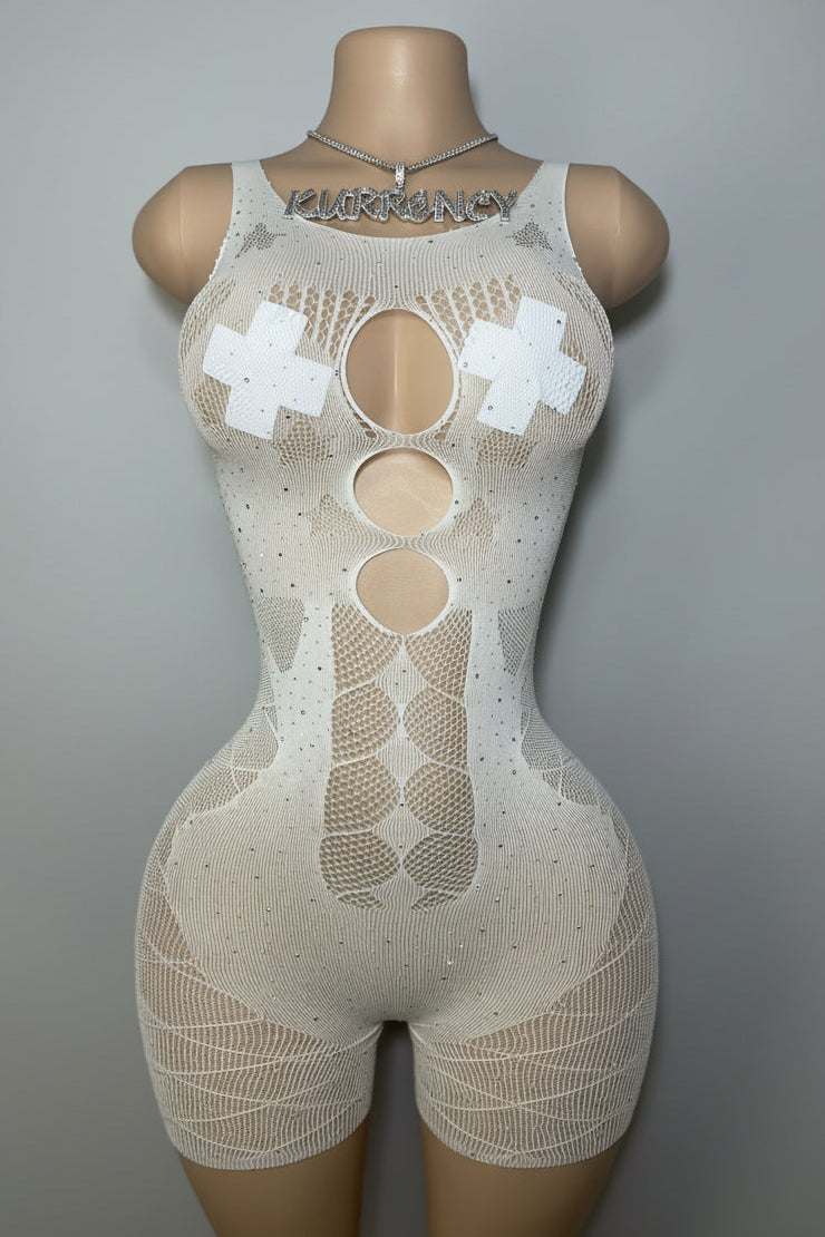 White rhinestone fishnet romper front view with triple circle cutouts and cross pasties