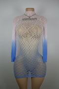 White to blue ombre mixed-fishnet long-sleeve mini dress front view with high mock neck