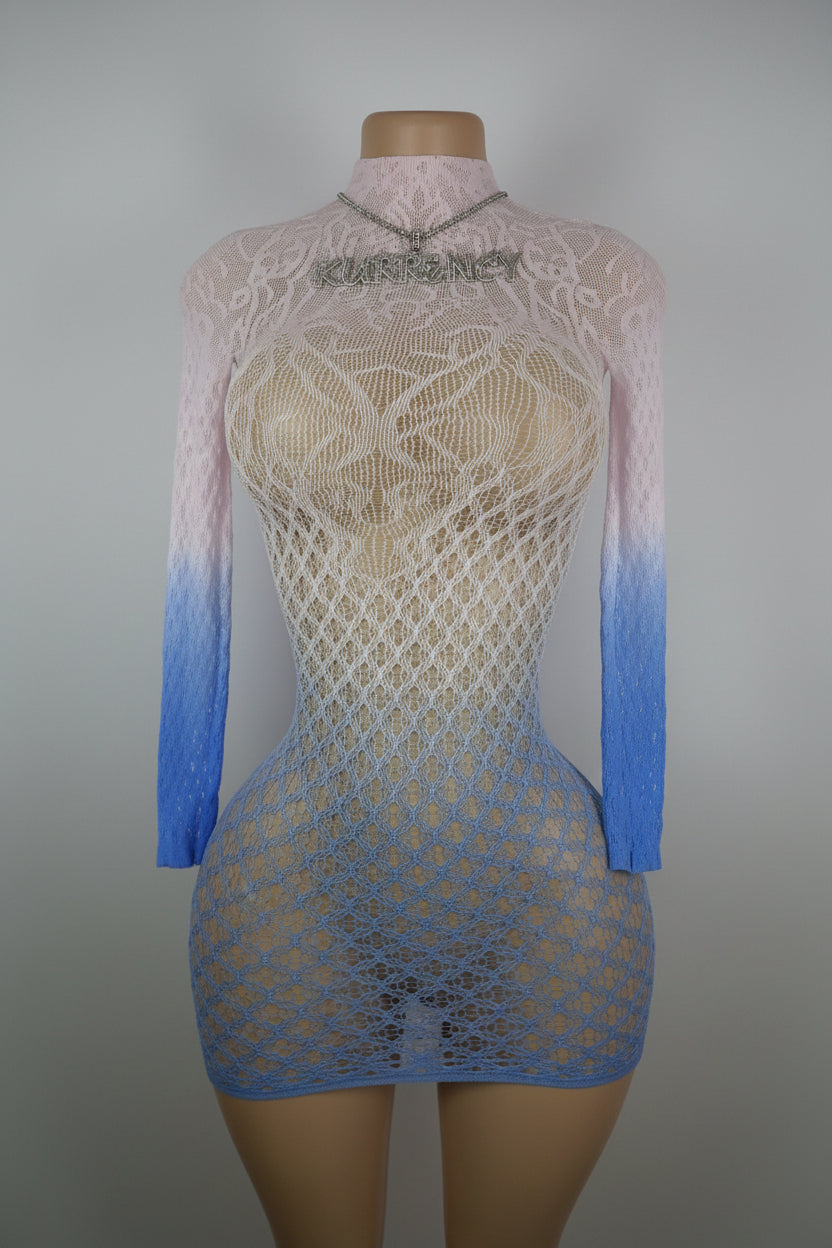 White to blue ombre mixed-fishnet long-sleeve mini dress front view with high mock neck