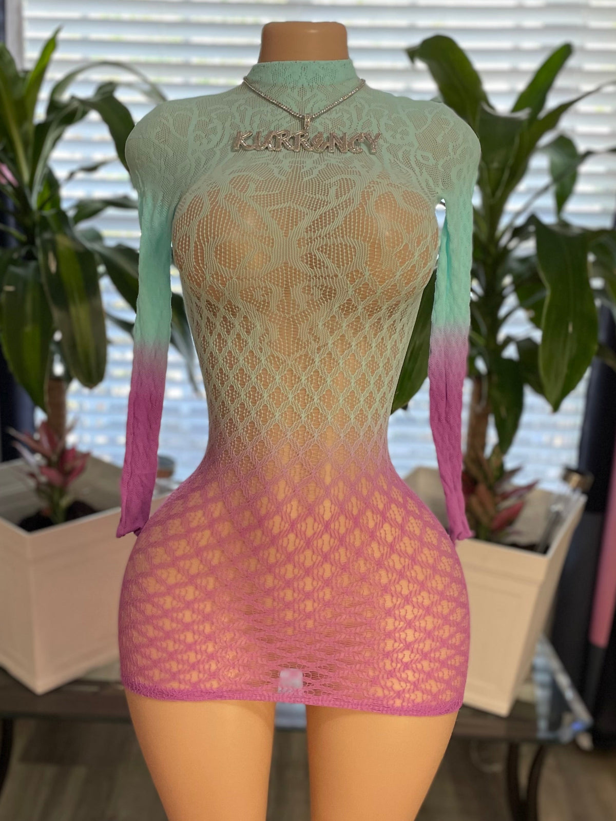 Mint to pink ombre mixed-lace long-sleeve mini dress front view with high neck