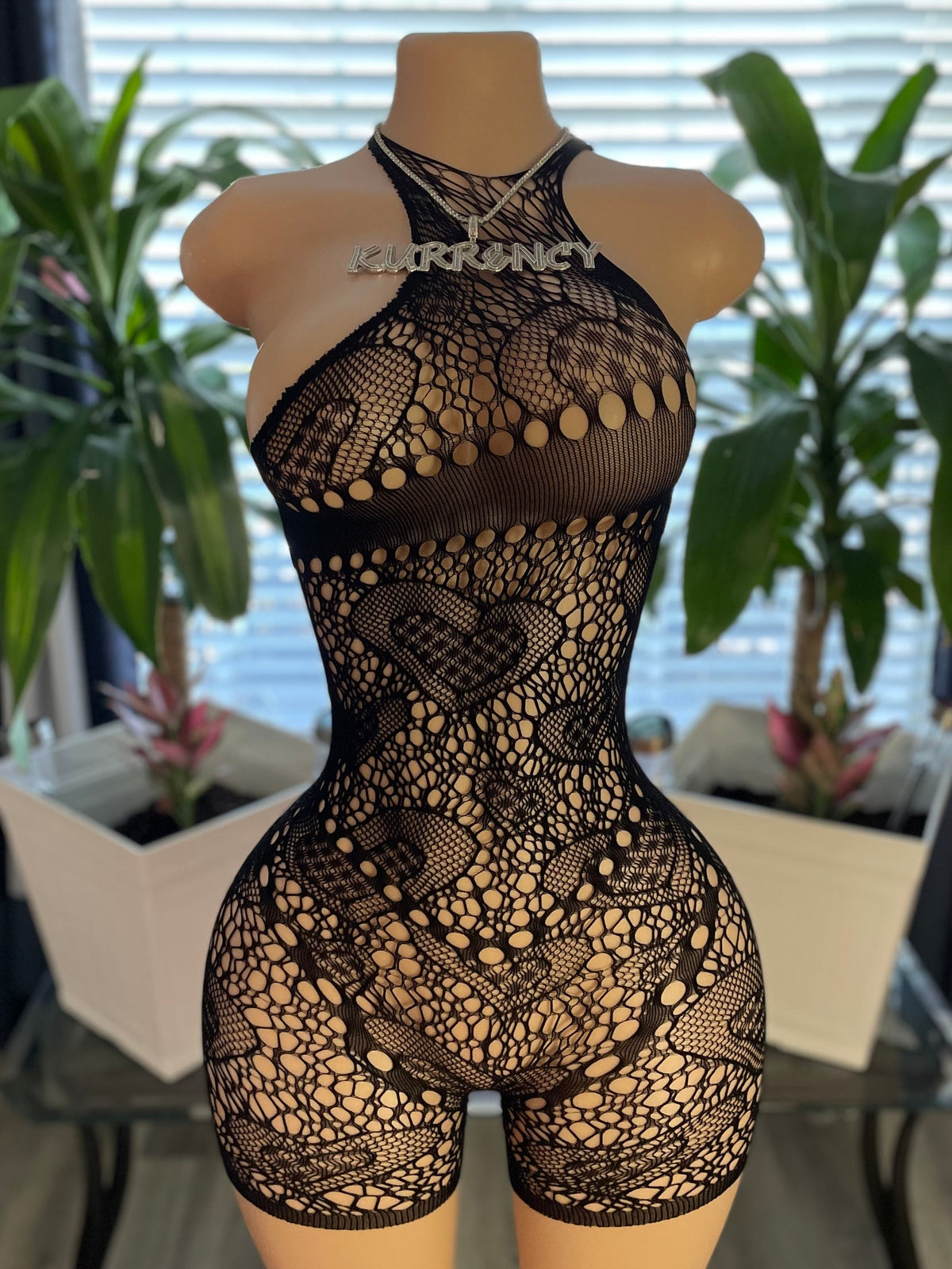 Black Open-Hole Crochet Romper with Criss-Cross Halter Neck - Front View