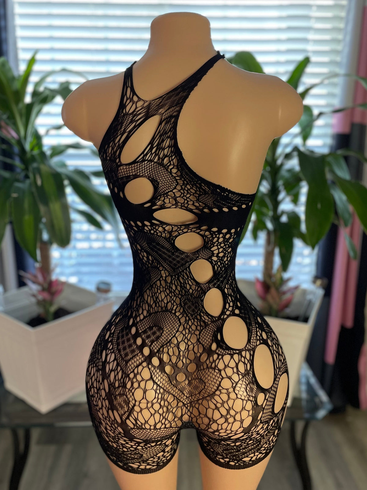 Black Open-Hole Crochet Romper with Criss-Cross Halter Neck - Back View