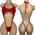 Red sequin halter monokini with open midriff and thong back front and back view