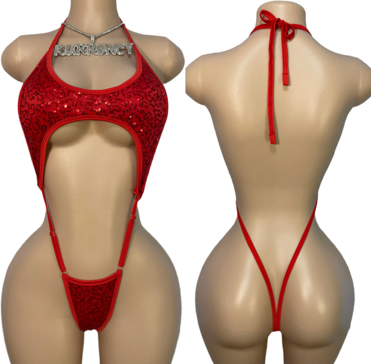 Red sequin halter monokini with open midriff and thong back front and back view