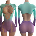 Teal to purple ombre long-sleeve cutout romper front and back view with diamond lace-up panels