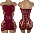 Burgundy Rhinestone Strapless Fishnet Mini Dress - Front and Back View