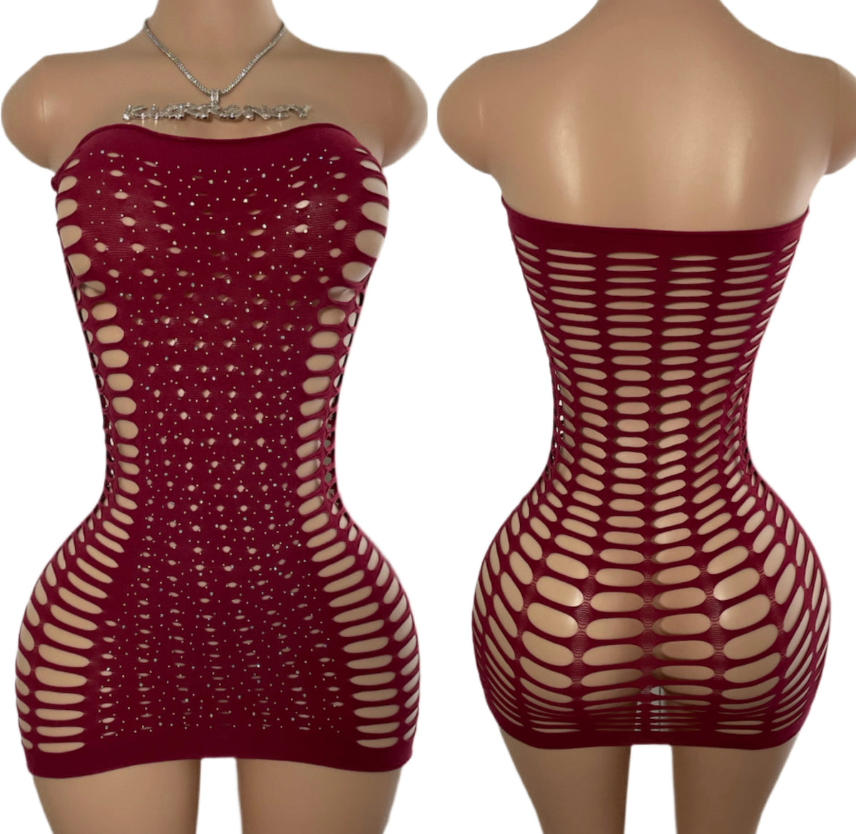 Burgundy Rhinestone Strapless Fishnet Mini Dress - Front and Back View
