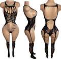 Front, side, and back view of black cutout lace fishnet teddy with garter stockings on mannequin