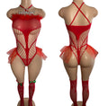 Front and back view of red feather trim fishnet teddy with matching lace stockings on mannequin