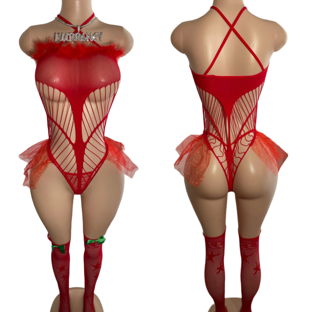 Front and back view of red feather trim fishnet teddy with matching lace stockings on mannequin