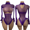Front and back view of purple fishnet long sleeve crop top and thong set on mannequin