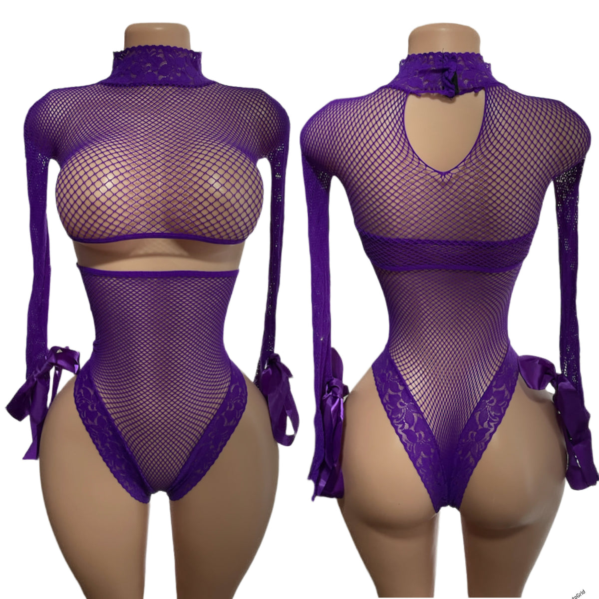 Front and back view of purple fishnet long sleeve crop top and thong set on mannequin