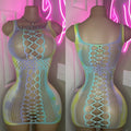 Pastel tie-dye diamond fishnet mini dress front and back view