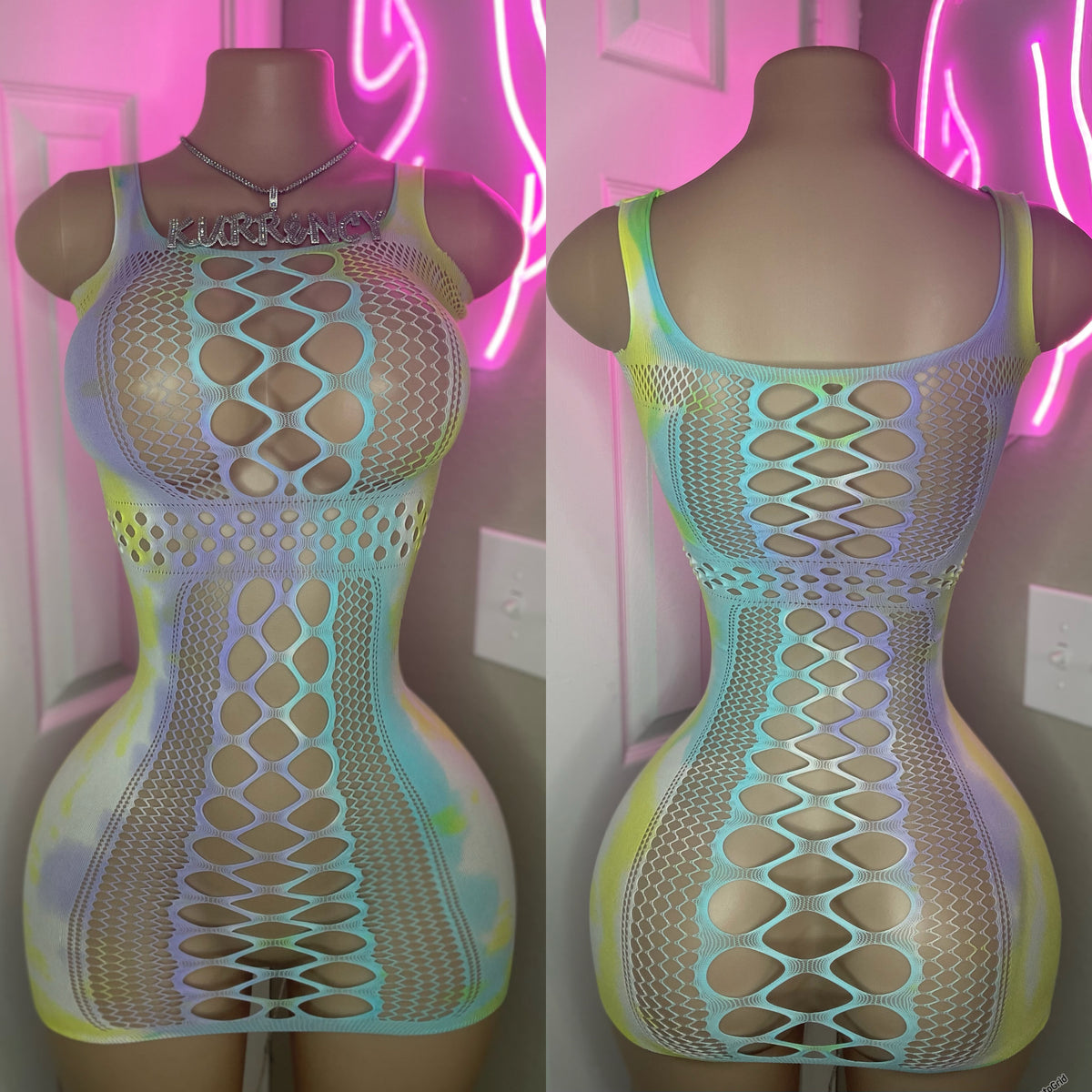 Pastel tie-dye diamond fishnet mini dress front and back view