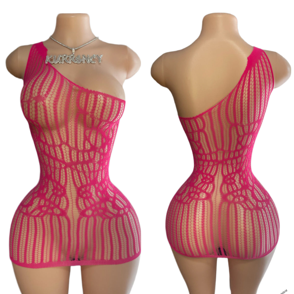 Hot Pink One-Shoulder Floral Crochet Mini Dress - Front and Back View