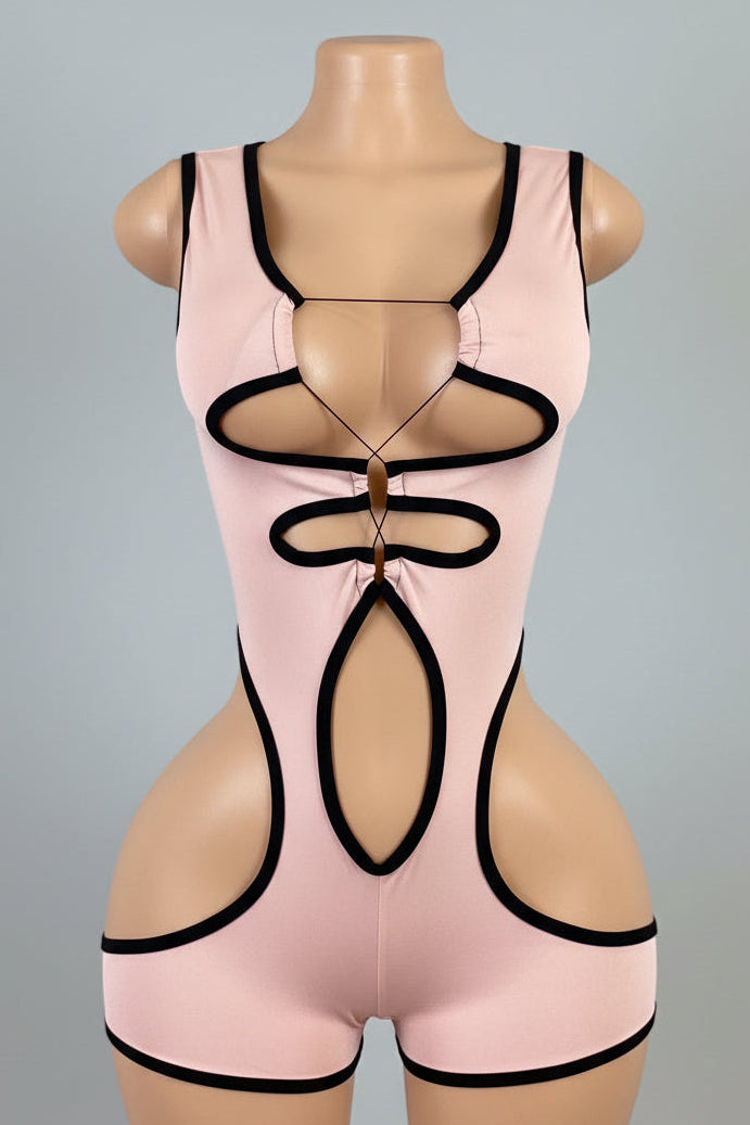 Blush pink multi-cutout bodysuit back view with deep open-back cutout