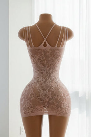 Nude Lace Multi-Strap Criss-Cross Back Mini Dress - Back View
