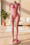 Hot Pink Wide-Net Fringe Shoulder Bodystocking - Front View