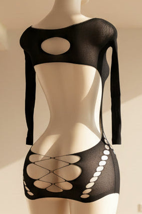 Black Cutout Mesh Long Sleeve Mini Dress - Back View