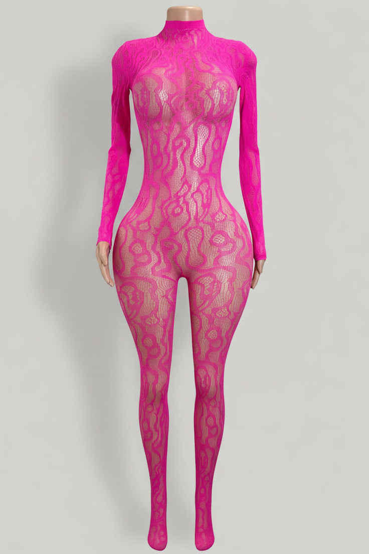 Front view of hot pink flame lace long sleeve bodystocking on mannequin
