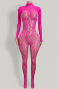 Front view of hot pink flame lace long sleeve bodystocking on mannequin
