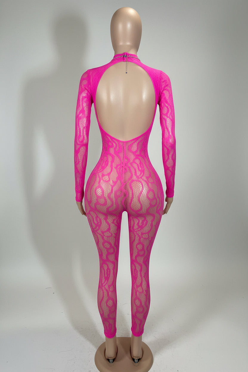 Back view of hot pink flame lace long sleeve bodystocking showing open back and chain detail