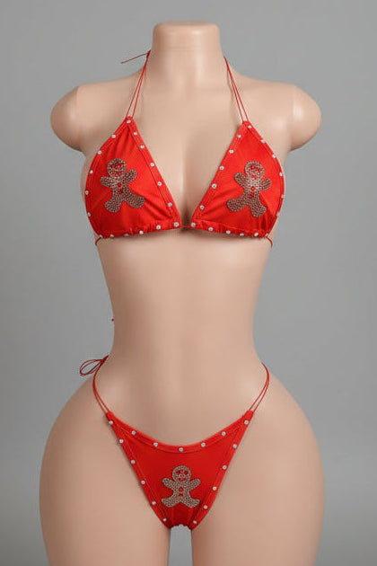 Front view of red rhinestone gingerbread man bikini set