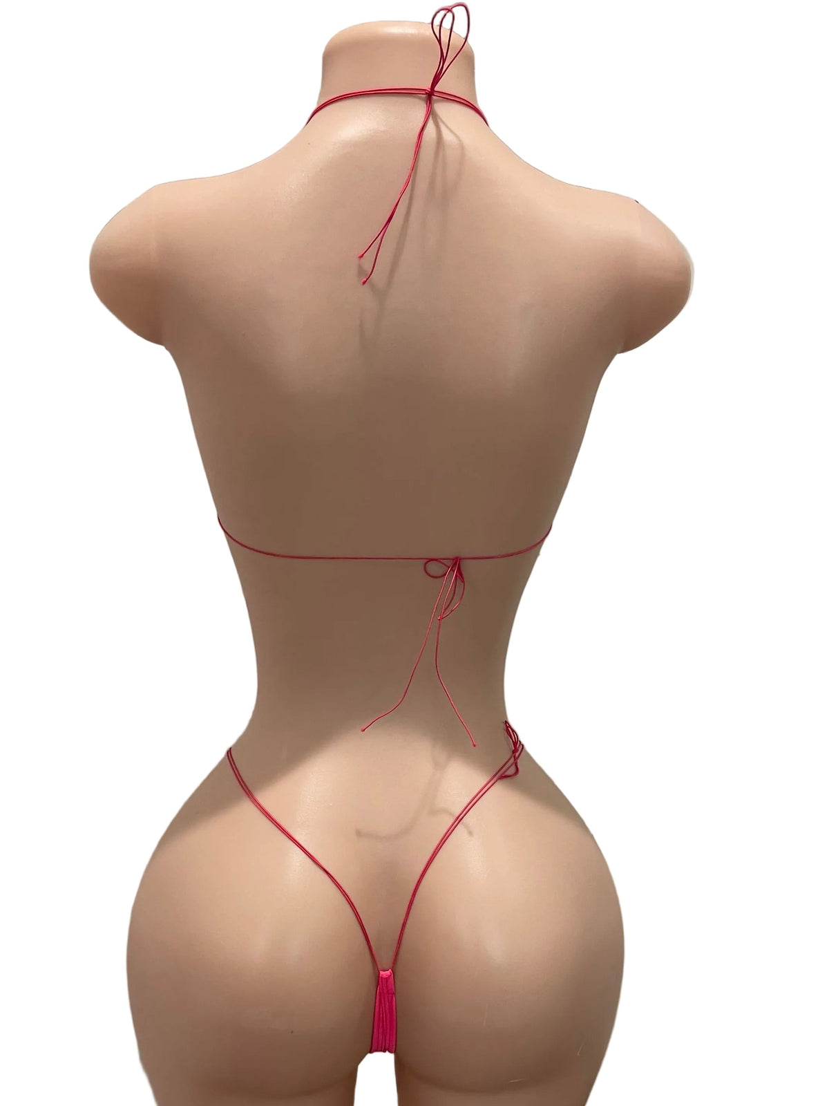 Back view of pink rhinestone snowflake bikini set showing tie back and micro thong bottom