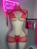 Front view of red rhinestone fishnet 3-piece bikini set with neck scarf on mannequin